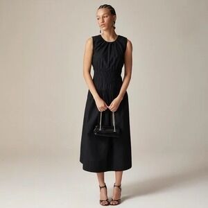 NWT!! J. CREW Hyacinth Dress Smocked Cotton Poplin Black Midi Pockets Small Tall